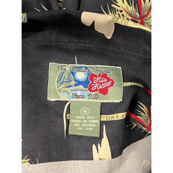 Hilo Hattie Men Hawaiian Shirt Medium M Black Tropical Palm Tree Silk X-Mas EUC - Picture 7 of 8